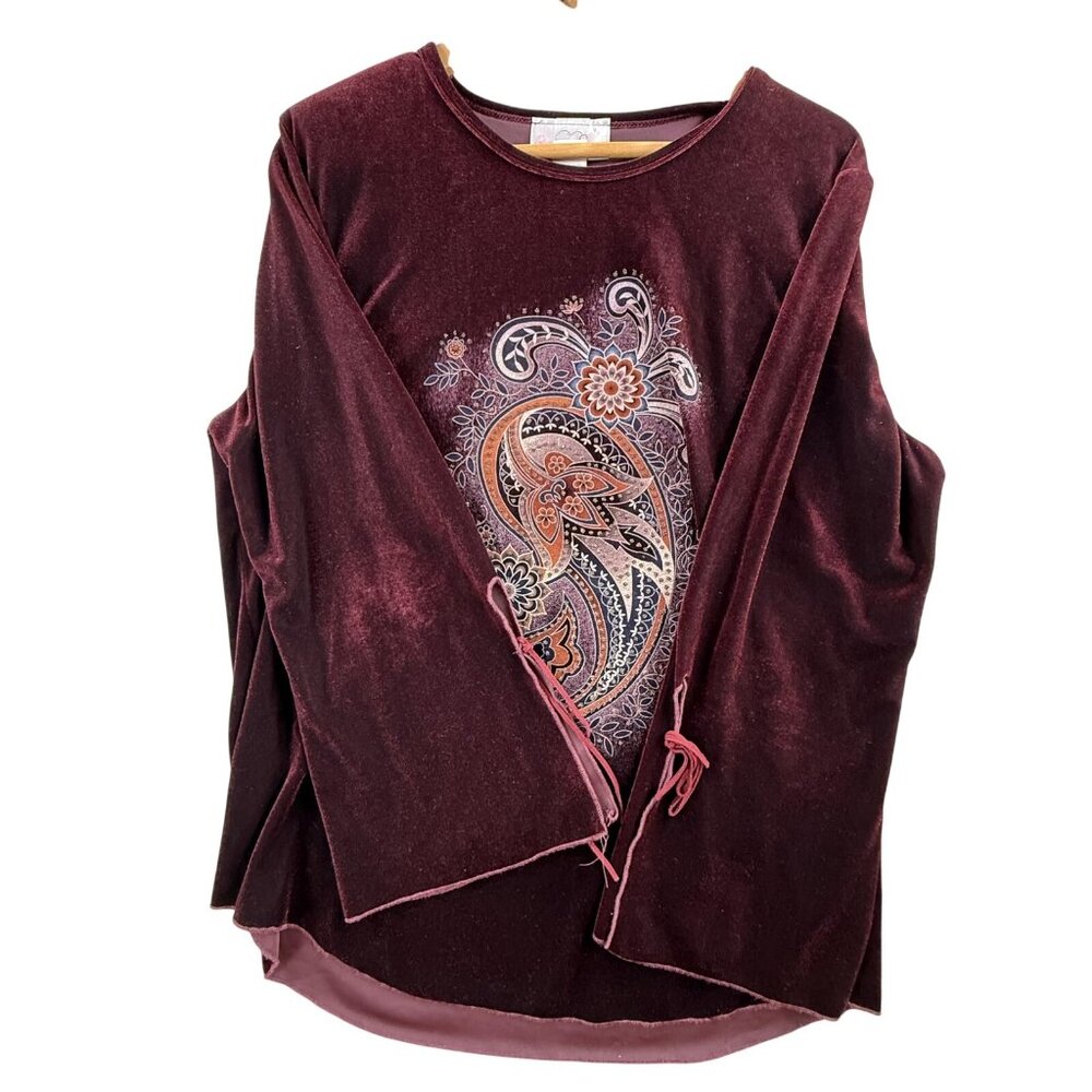 Vintage Casual Land Shirt Women One Size Red Paisley Velour Slit Sleeve Boho Top - Picture 6 of 16